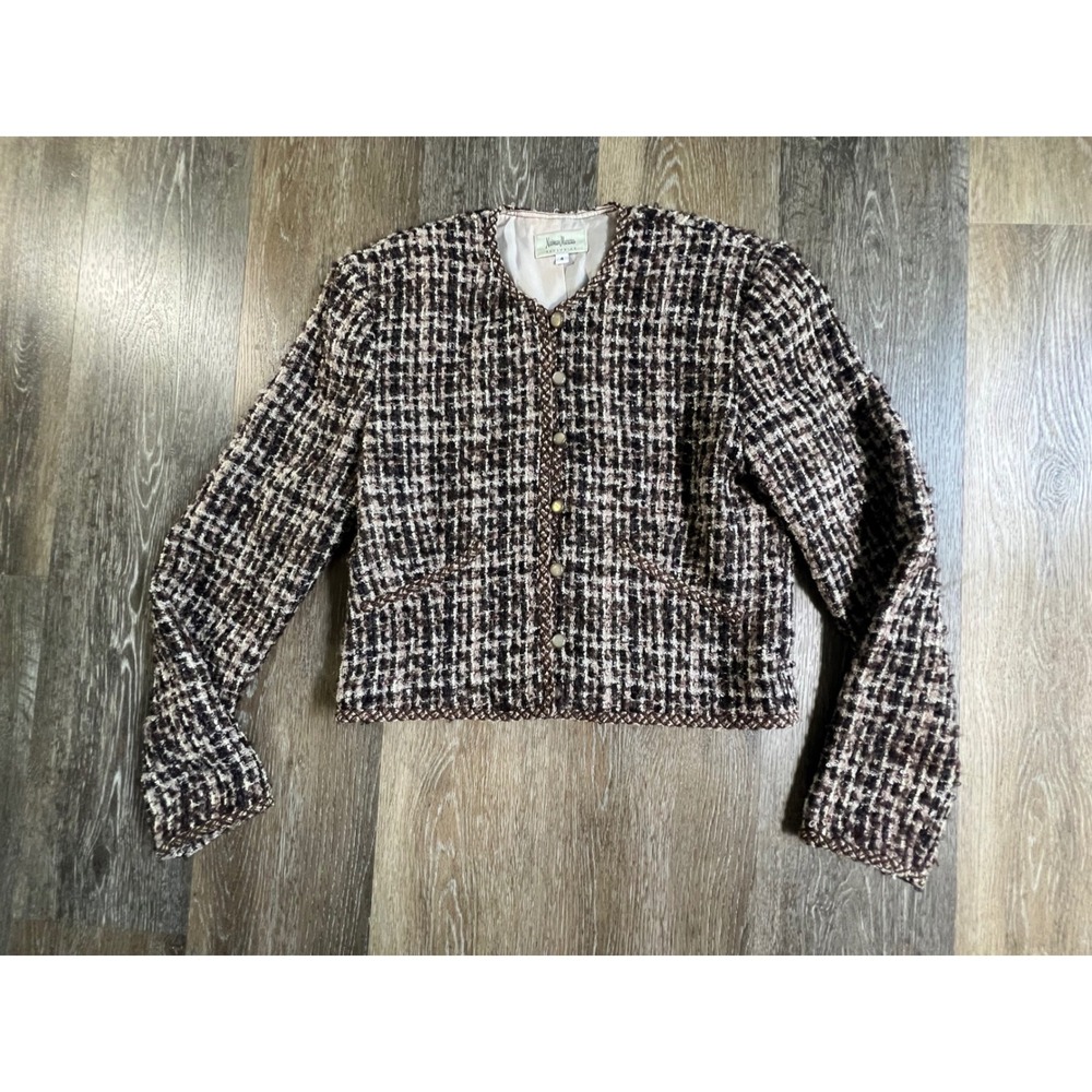 Neiman Marcus Tweed Jacket Womens 4 Brown Sequin Braided Trim Collarless Blazer